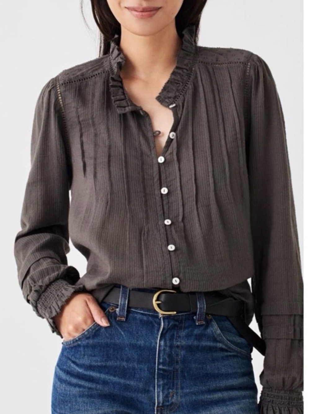 Faherty Willa Blouse in Charcoal Gray Sz S Office Business Casual Organic Cotton